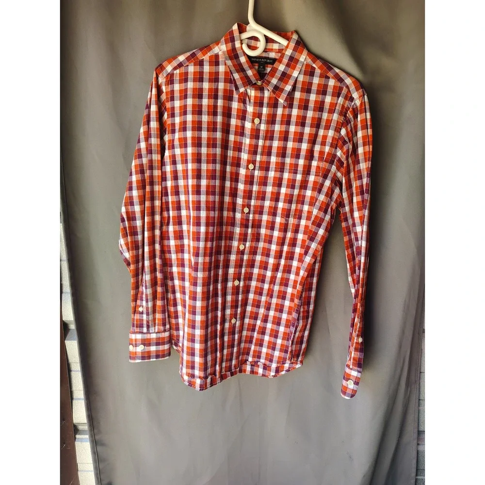 Banana Republic Mens Medium Orange Red Plaid Button Down Long Sleeve Shirt M